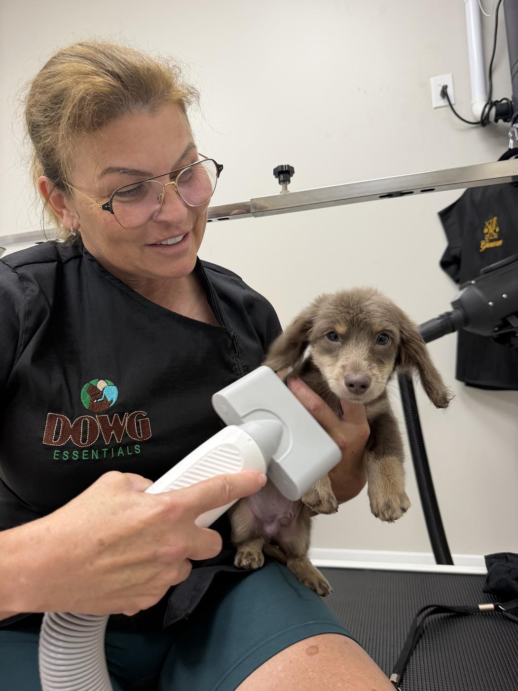 Carla Rodrigues in her DOWG Essentials work shirt, holding a puppy