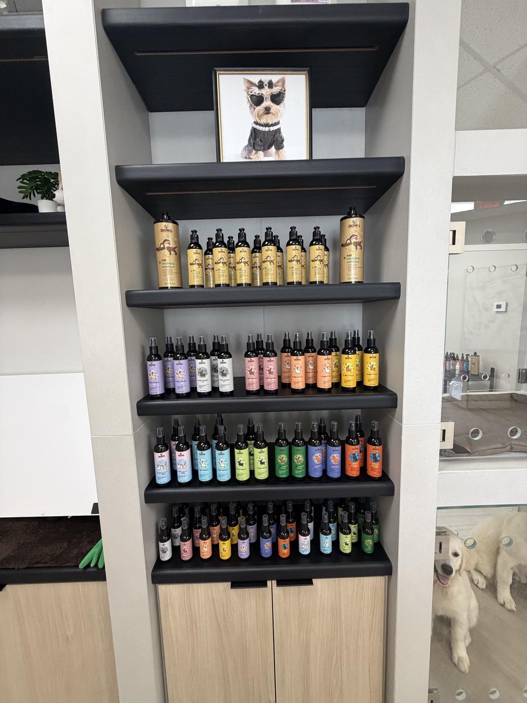 The DOWG Essentials line on the salon's black shelving